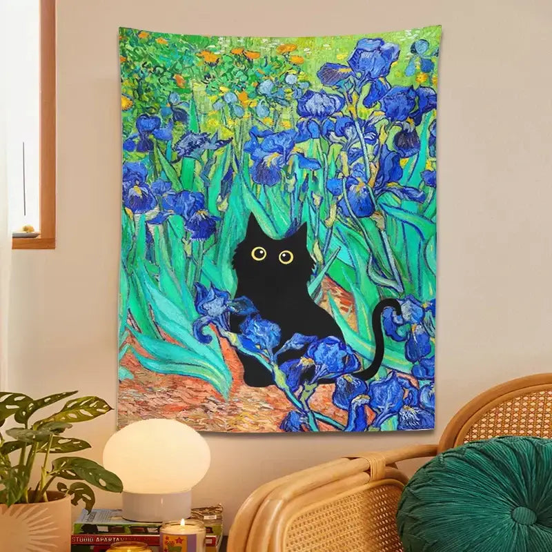 Impressionistic irises cat tapestry bedroom wall art