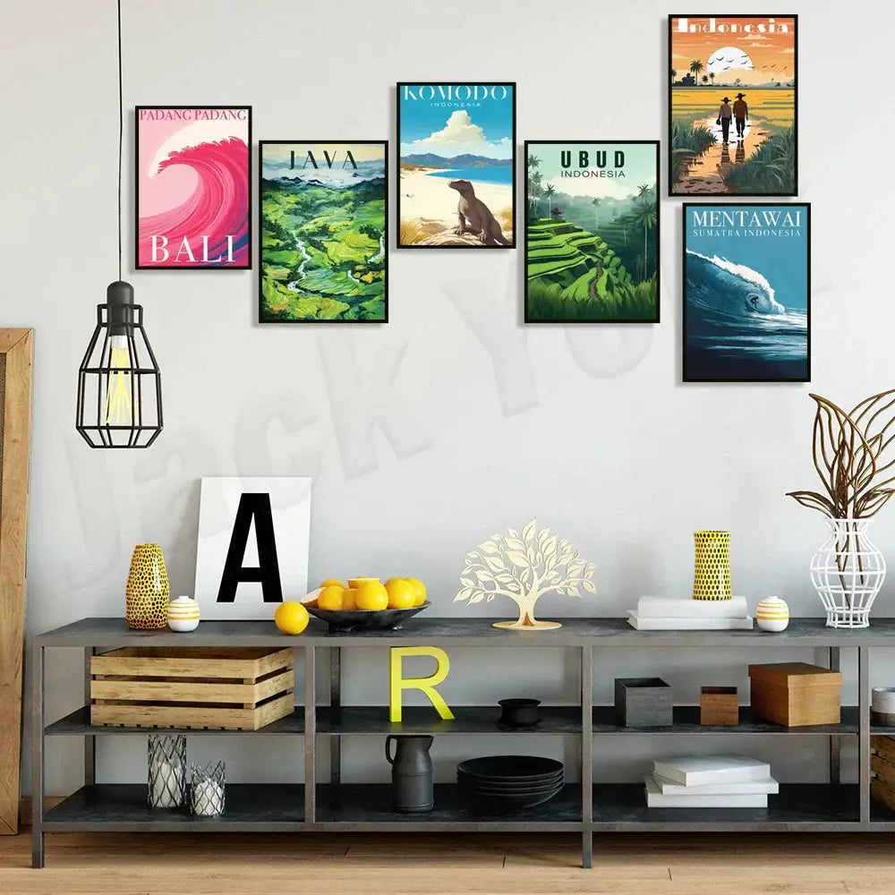 Indonesian travel framed rice field illustration set living room art