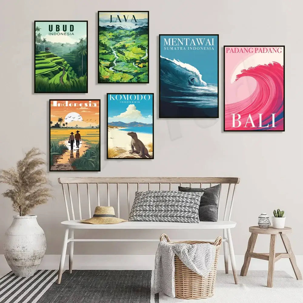 Indonesian travel framed rice field illustration set living room art