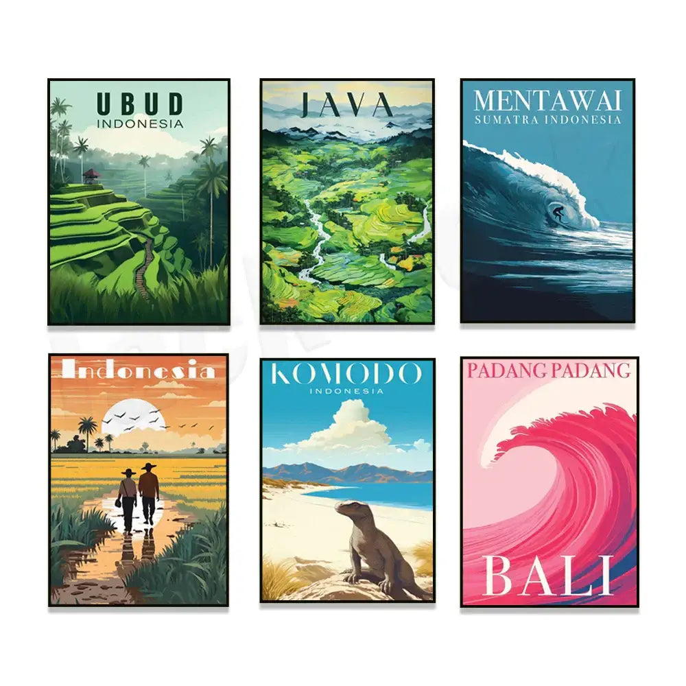 Indonesian travel framed rice field illustration set living room art