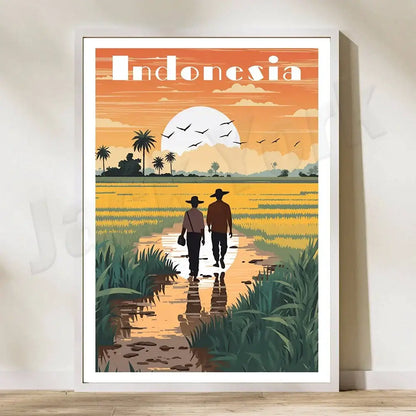 Indonesian travel framed rice field illustration set living room art