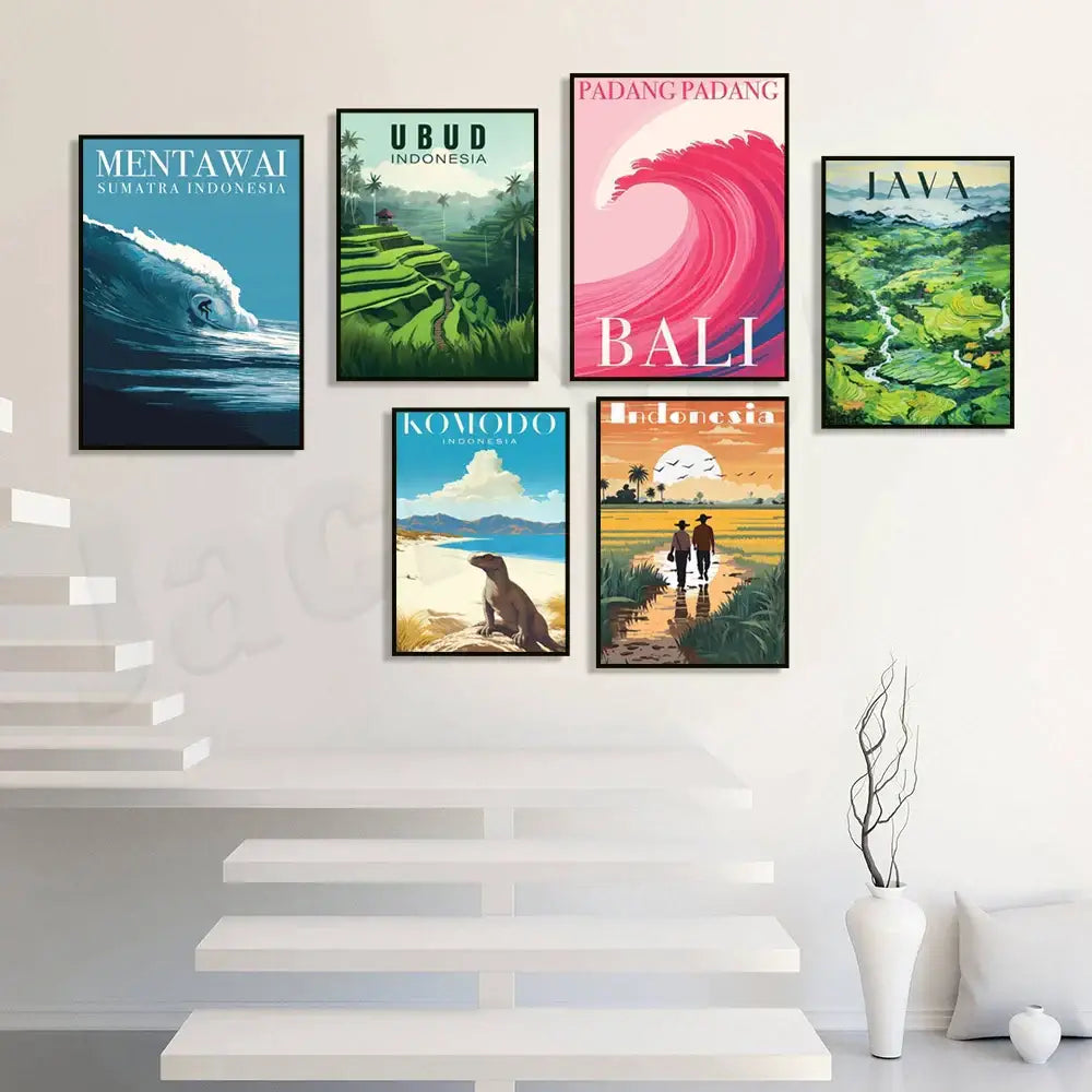 Indonesian travel framed rice field illustration set living room art