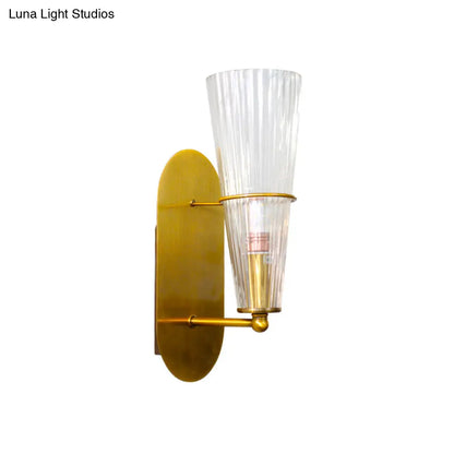 DecorBites™ Indoor Mid Century Modern Brass Cone Wall Sconce with Clear Ribbed Glass – Single Light