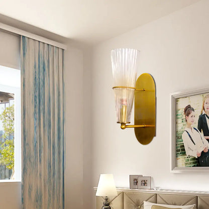 DecorBites™ Indoor Mid Century Modern Brass Cone Wall Sconce with Clear Ribbed Glass – Single Light