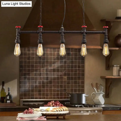 DecorBites™ Industrial 5-Head Iron Bare Bulb Island Lighting: Adjustable Ceiling Light Fixture for Dining Room with Pipe and Valve
