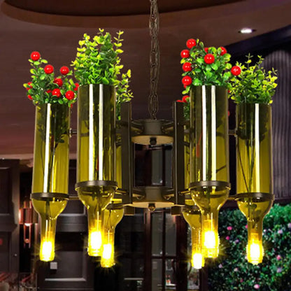 DecorBites™ Industrial 6-Light Green Glass Wine Bottle Chandelier: Dining Room Pendant Lighting with Floral Design