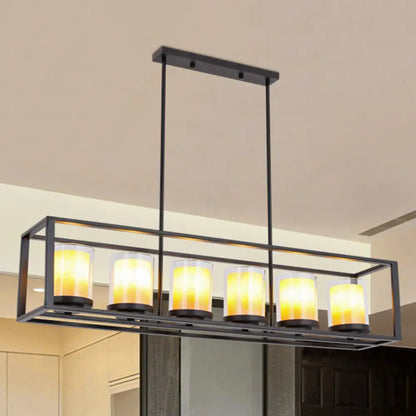DecorBites™ Industrial Amber Cylinder Island Light Fixture - Clear Glass & Marble - Kitchen Hanging Lamp (3/5/6-Bulb) - Rectangle Frame
