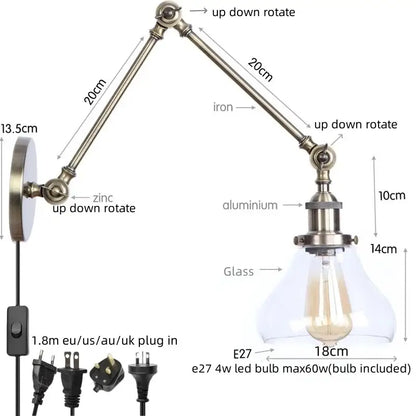 Industrial antique brass adjustable wall sconce bedroom led light