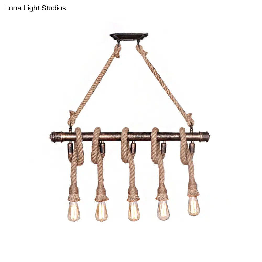 DecorBites™ Industrial Beige Metal Island Pendant Light for Dining Room with Rope Accent - 3/5 Heads Open Bulb, Warehouse Style