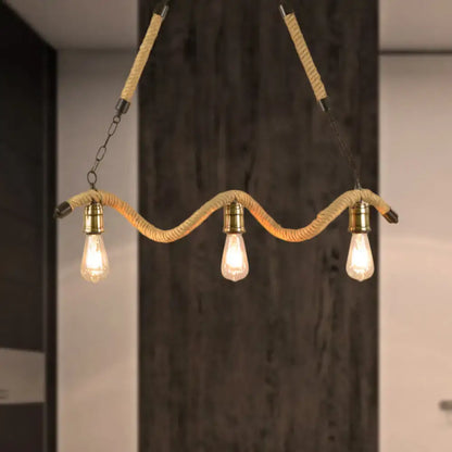 Industrial beige rope pendant with exposed bulbs for dining room