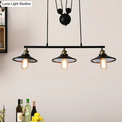 Industrial black 3-bulb pulley island pendant light for kitchens