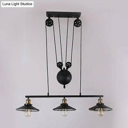 Industrial black 3-bulb pulley island pendant light for kitchens