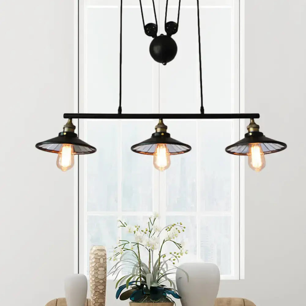 Industrial black 3-bulb pulley island pendant light for kitchens
