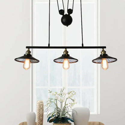 Industrial black 3-bulb pulley island pendant light for kitchens