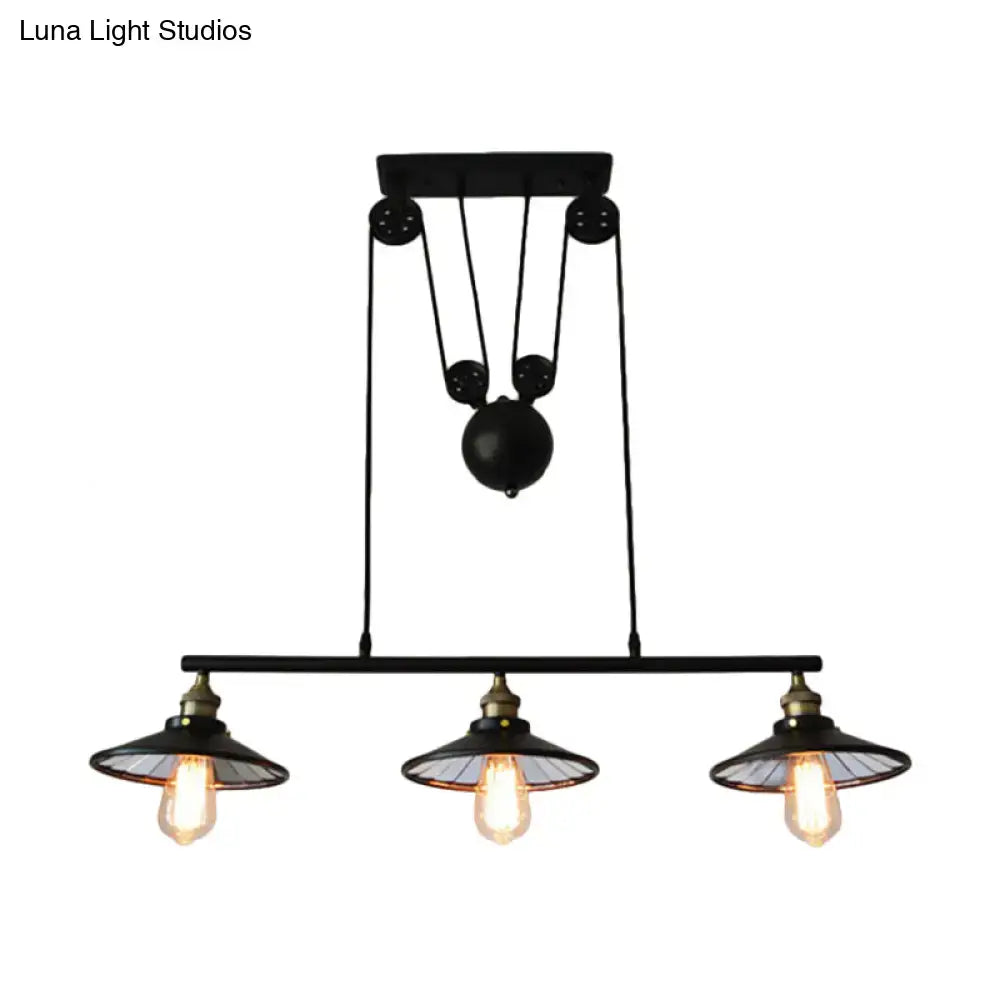 Industrial black 3-bulb pulley island pendant light for kitchens