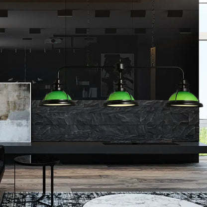Industrial black 3 light white & green glass pendant dining room