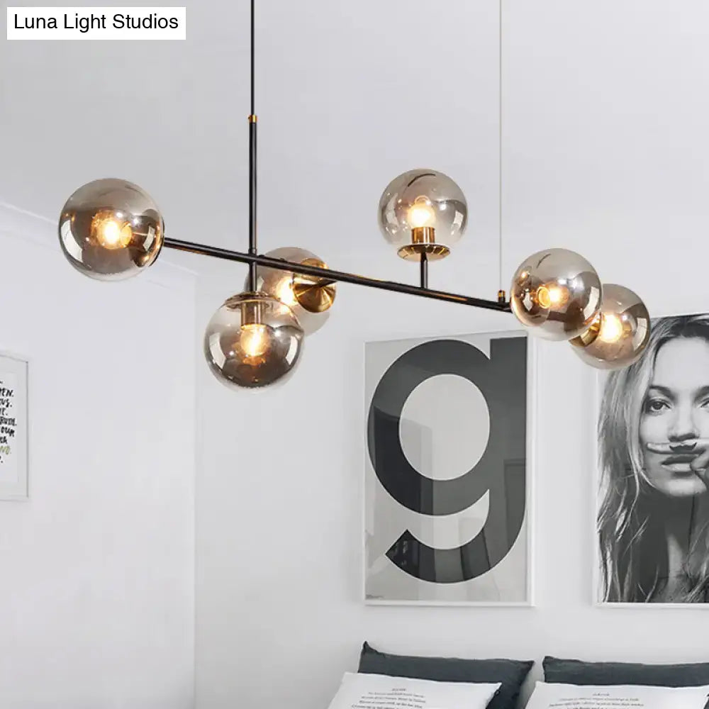 Industrial black 6-light island pendant amber & milky white kitchen