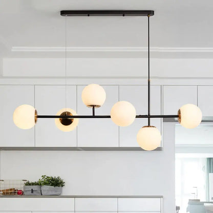 Industrial black 6-light island pendant amber & milky white kitchen