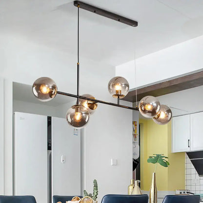 Industrial black 6-light island pendant amber & milky white kitchen