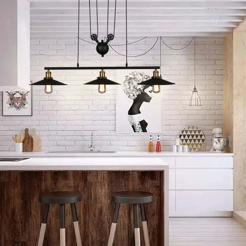 Industrial black and brass pulley pendant ceiling light bar e26 e27