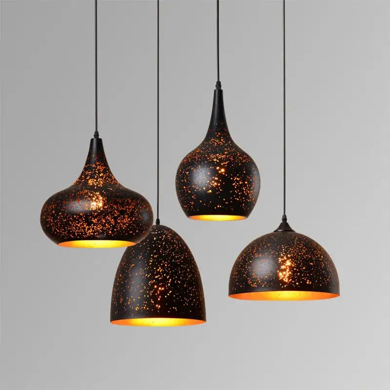 Industrial black and gold etched wrought iron chandelier dining room
