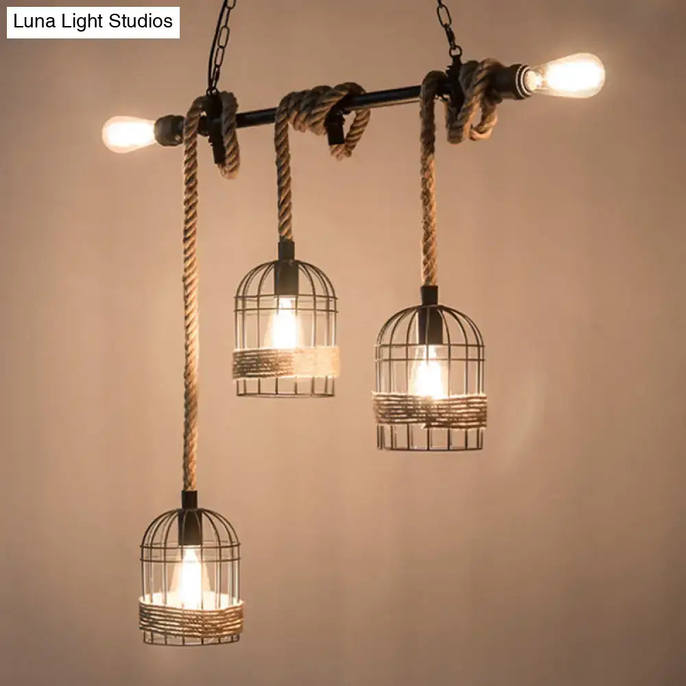 Industrial black birdcage jute rope island pendant light kitchen