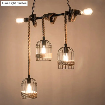 Industrial black birdcage jute rope island pendant light kitchen
