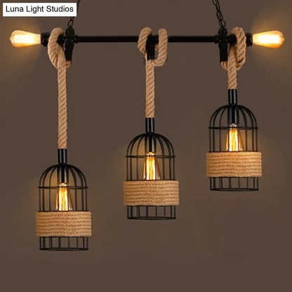 Industrial black birdcage jute rope island pendant light kitchen