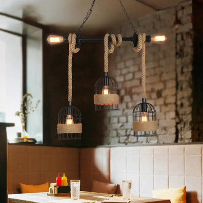 Industrial black birdcage jute rope island pendant light kitchen
