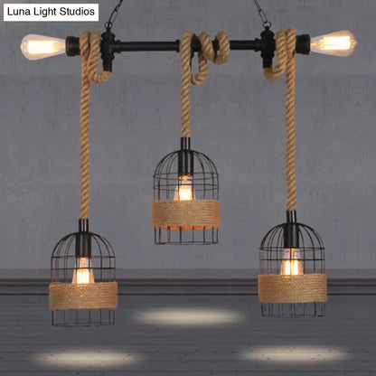 Industrial black birdcage jute rope island pendant light kitchen