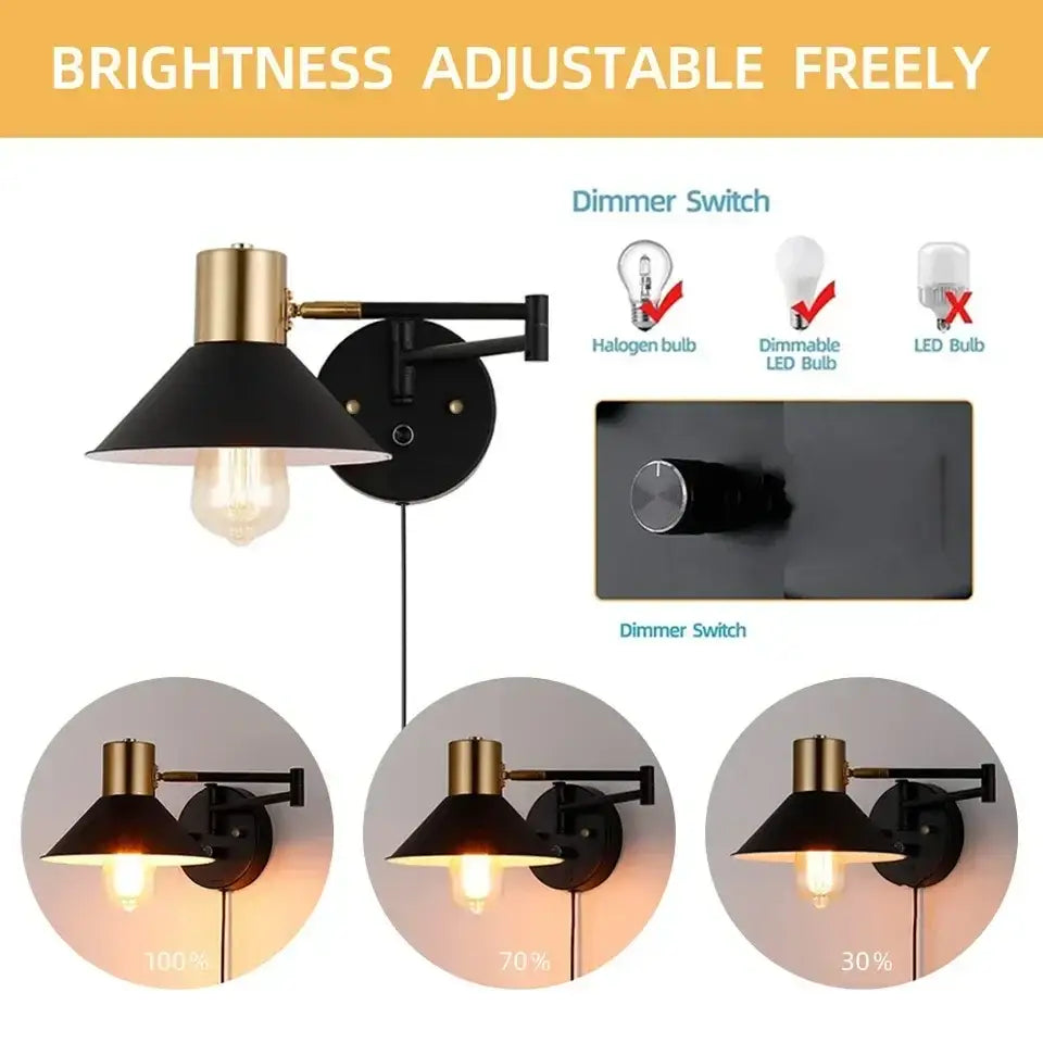 Industrial black & brass dimmable wall lamp bedroom light