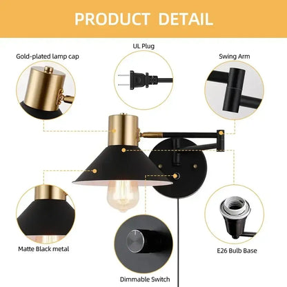 Industrial black & brass dimmable wall lamp bedroom light