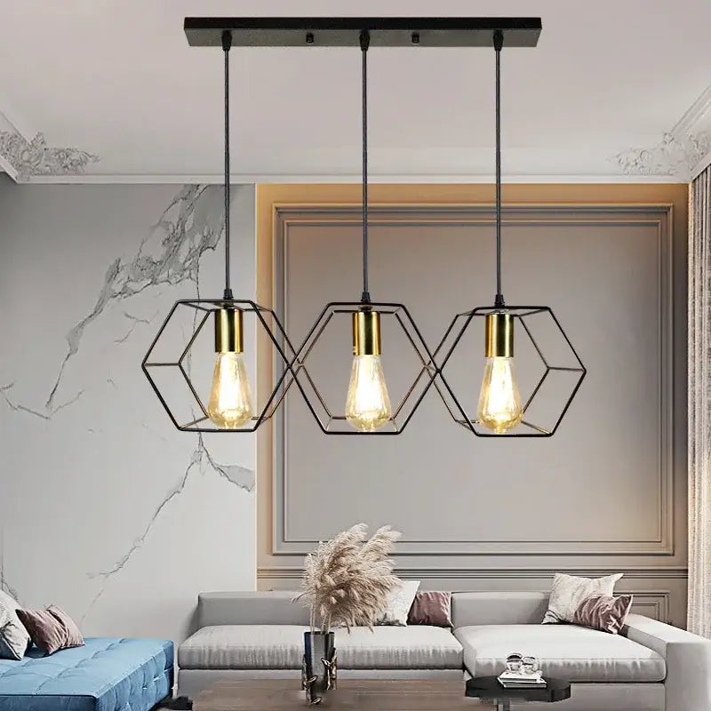 Industrial black & brass hexagonal pendant light dining room