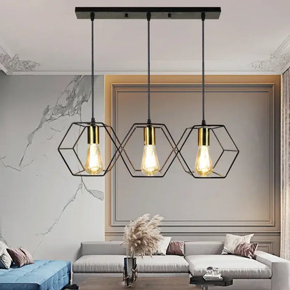 Industrial black & brass hexagonal pendant light dining room