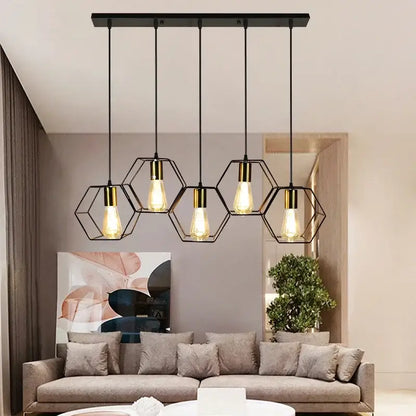 Industrial black & brass hexagonal pendant light dining room