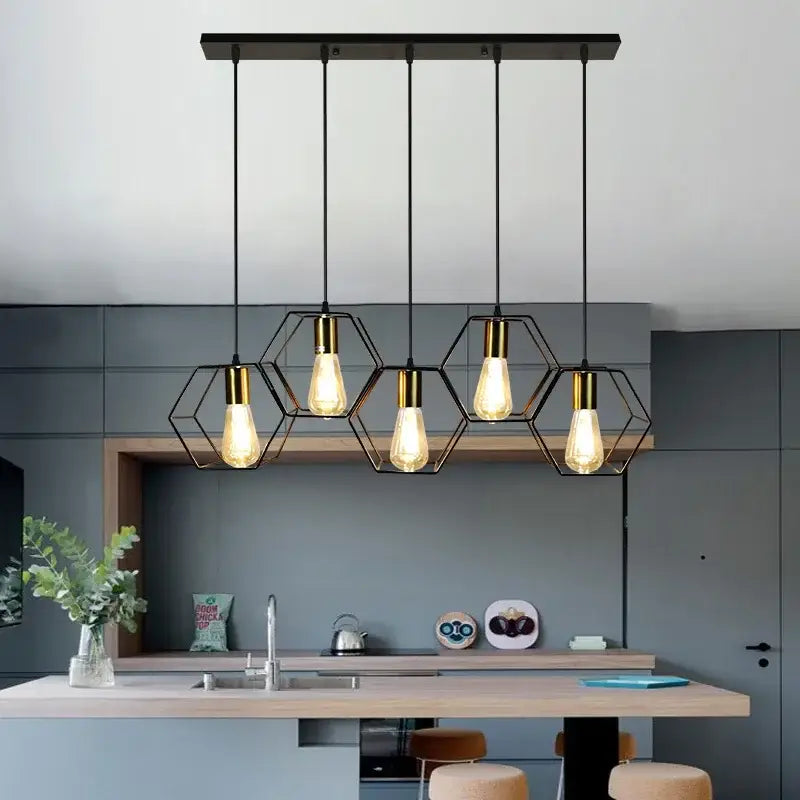 Industrial black & brass hexagonal pendant light dining room