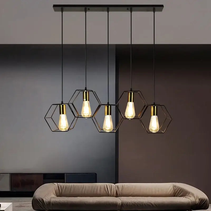 Industrial black & brass hexagonal pendant light dining room