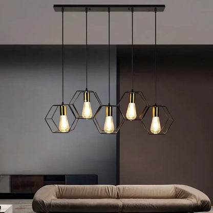 Industrial black & brass hexagonal pendant light dining room