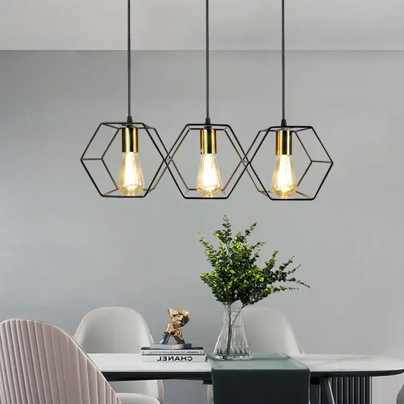 Industrial black & brass hexagonal pendant light dining room