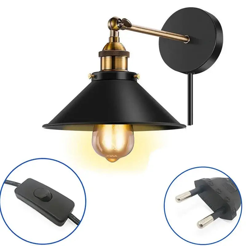 Industrial black & brass wall lamp – bedroom sconce