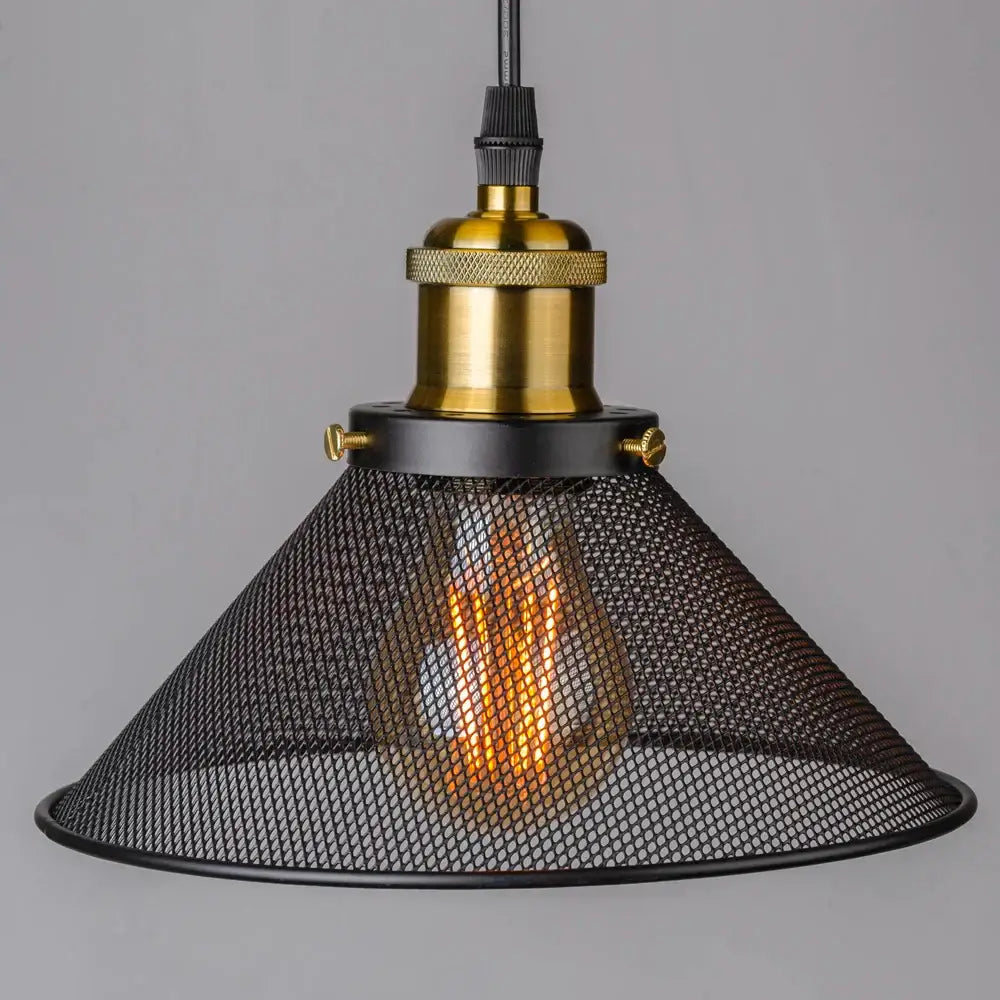 Industrial black cage pendant light kitchen mesh shade brass hardware