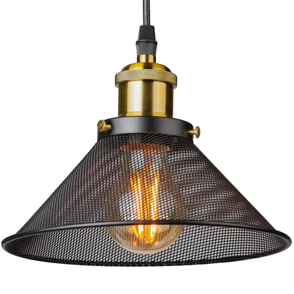 Industrial black cage pendant light kitchen mesh shade brass hardware