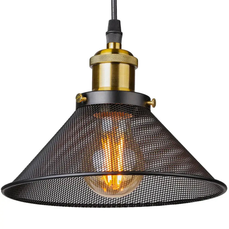 Industrial black cage pendant light kitchen mesh shade brass hardware