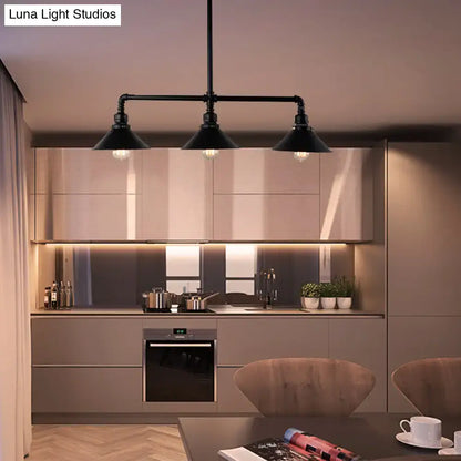 Industrial black conical island dining room 3 bulb pendant light
