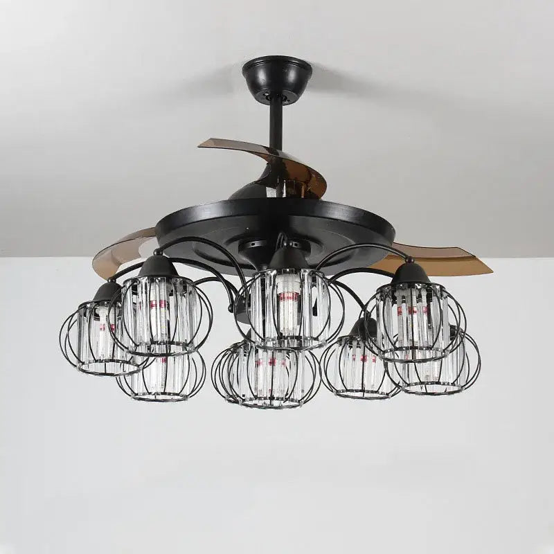 Industrial black crystal ceiling fan living room remote control fan