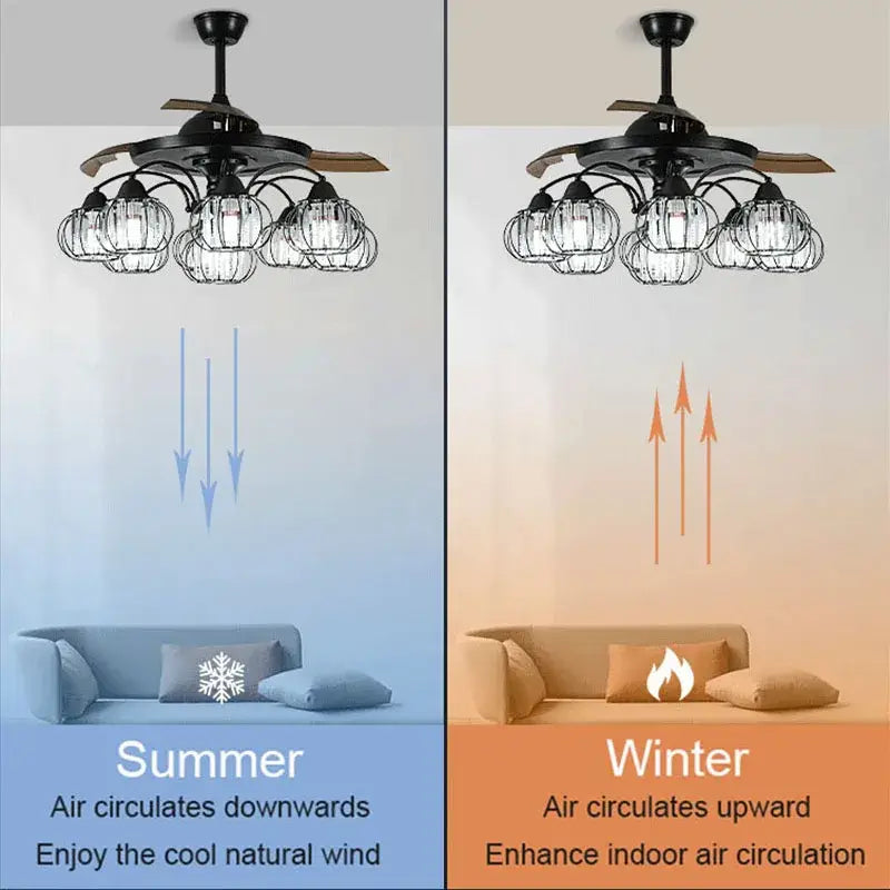 Industrial black crystal ceiling fan living room remote control fan