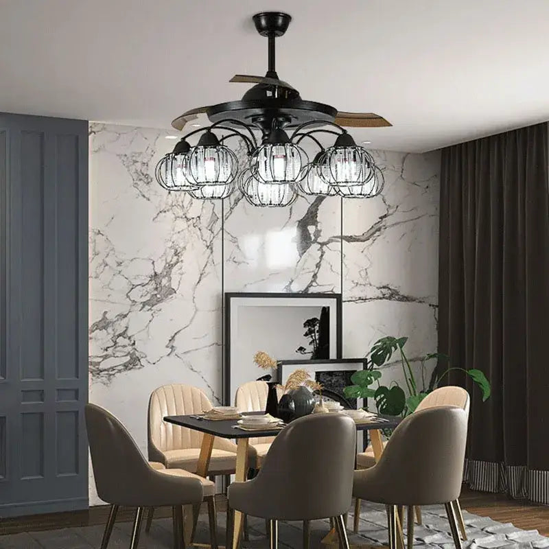 Industrial black crystal ceiling fan living room remote control fan