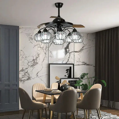 Industrial black crystal ceiling fan living room remote control fan