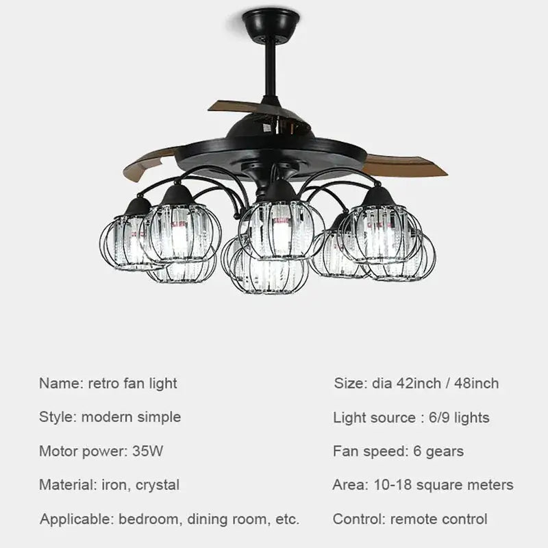 Industrial black crystal ceiling fan living room remote control fan