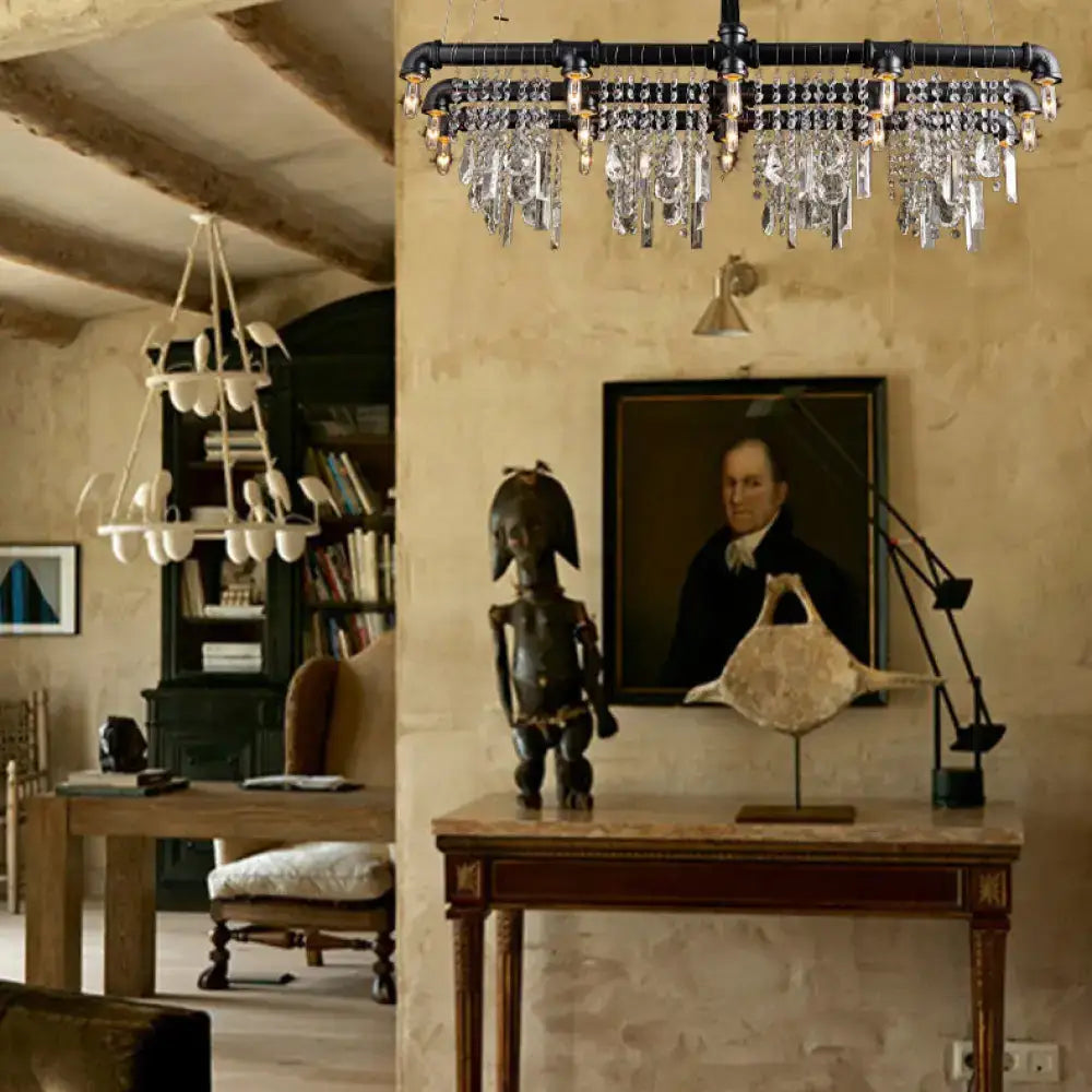 Industrial black crystal chandelier – dining room pendant light